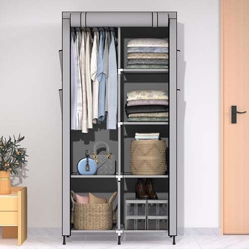 HAUSWAY Foldable Wardrobe for Clothes, Multipurpose Collapsible Fabric and Plastic Cupboard for Bedroom, 2-Door Wardrobe with 6 Shelves - Grey - Image 1