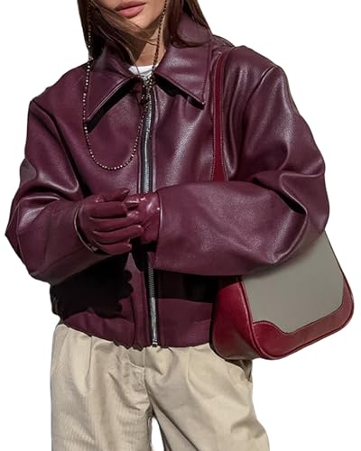 VOIKERDR Burgundy Leather Jacket Zip Up Jacket for Women Trendy Motorcycle Winter Coat Outerwear - Image 1