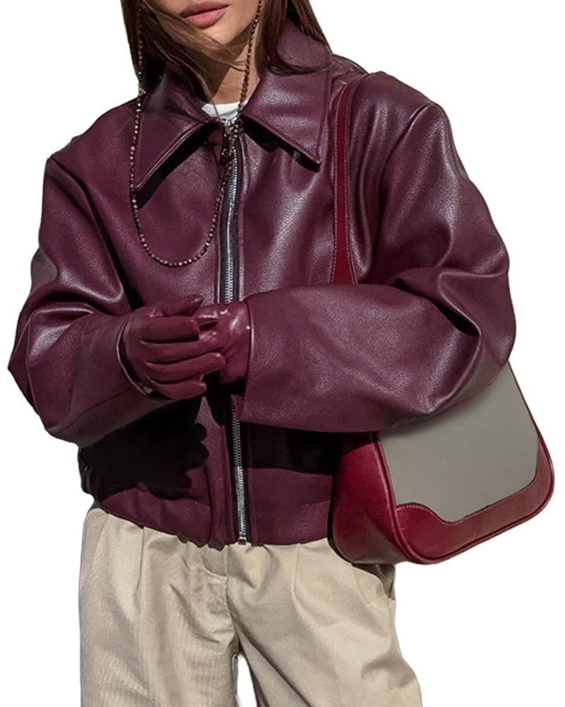 VOIKERDR Burgundy Leather Jacket Zip Up Jacket for Women Trendy Motorcycle Winter Coat Outerwear - Image 2