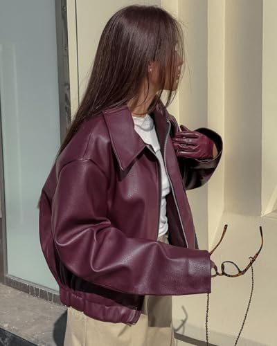 VOIKERDR Burgundy Leather Jacket Zip Up Jacket for Women Trendy Motorcycle Winter Coat Outerwear - Image 3