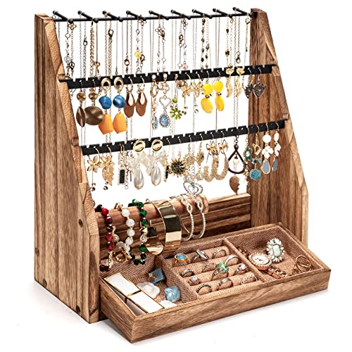 DGWJSU Jewelry Organizer Stand, 5 Layer Earring Holder Organizer with Necklace Holder, Rustic Wood Earring Organizer Display for Stud Earring Bracelet Necklace Ring, Watches - Image 1