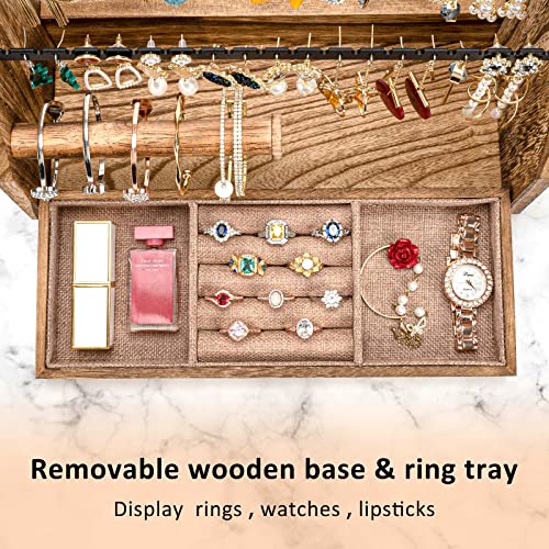 DGWJSU Jewelry Organizer Stand, 5 Layer Earring Holder Organizer with Necklace Holder, Rustic Wood Earring Organizer Display for Stud Earring Bracelet Necklace Ring, Watches - Image 3