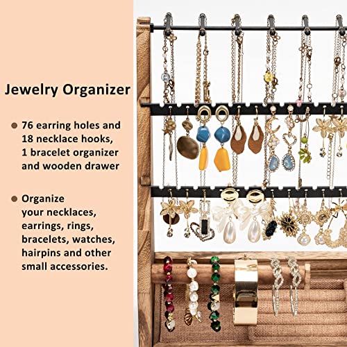 DGWJSU Jewelry Organizer Stand, 5 Layer Earring Holder Organizer with Necklace Holder, Rustic Wood Earring Organizer Display for Stud Earring Bracelet Necklace Ring, Watches - Image 4