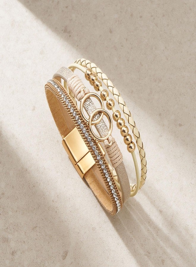 QIUTIMIY Leather Bracelets for Women Trendy Boho Cuff Bracelet Layered Bangle with Clasp Hand Wrist Jewelry Western(Style 8-Gold) - Image 3