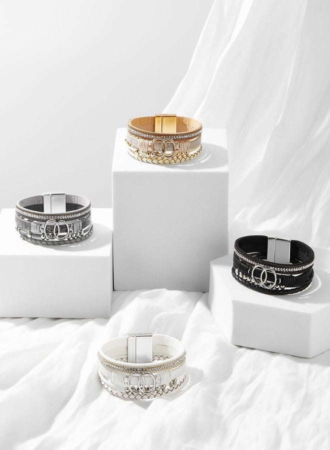 QIUTIMIY Leather Bracelets for Women Trendy Boho Cuff Bracelet Layered Bangle with Clasp Hand Wrist Jewelry Western(Style 8-Gold) - Image 5