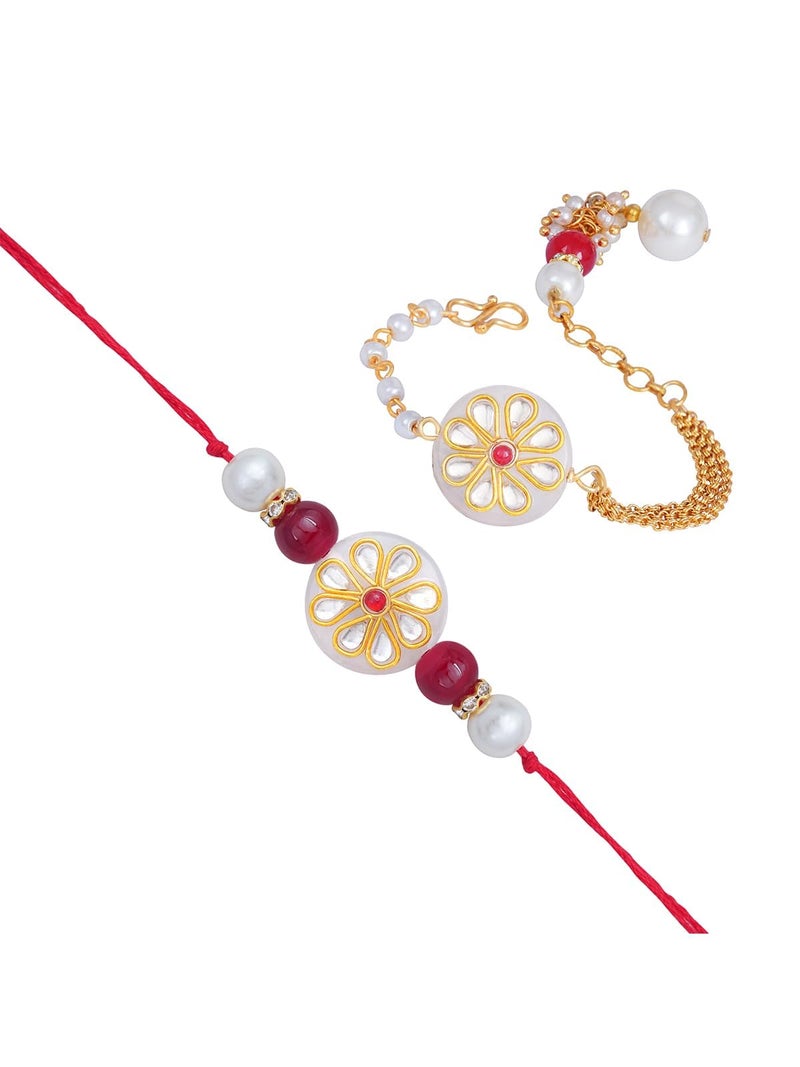 JFL Unisex Adult - Jewellery for Less Handmade Kundan White Stone Rakhi for Brother, Combo Fancy Design Collection Couple Pair Rakhi Set for Bhaiya with Roli Chawal for Raksha Bandhan - Image 4