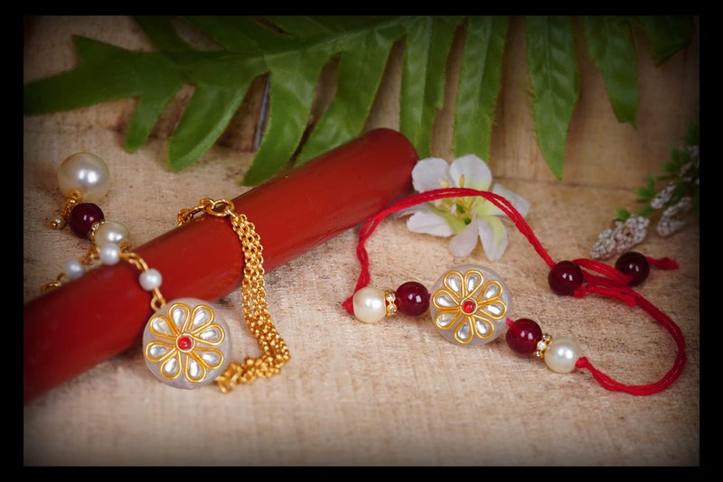 JFL Unisex Adult - Jewellery for Less Handmade Kundan White Stone Rakhi for Brother, Combo Fancy Design Collection Couple Pair Rakhi Set for Bhaiya with Roli Chawal for Raksha Bandhan - Image 2