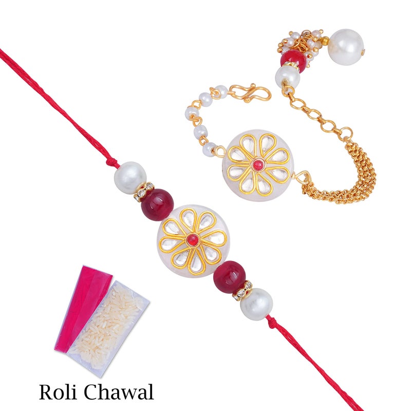 JFL Unisex Adult - Jewellery for Less Handmade Kundan White Stone Rakhi for Brother, Combo Fancy Design Collection Couple Pair Rakhi Set for Bhaiya with Roli Chawal for Raksha Bandhan - Image 3