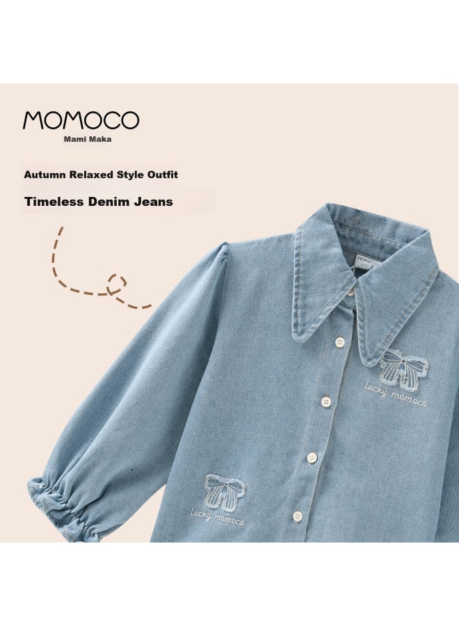 Momoco Girls' Denim Shirt Spring And Autumn Comfortable Stylish Denim Blue