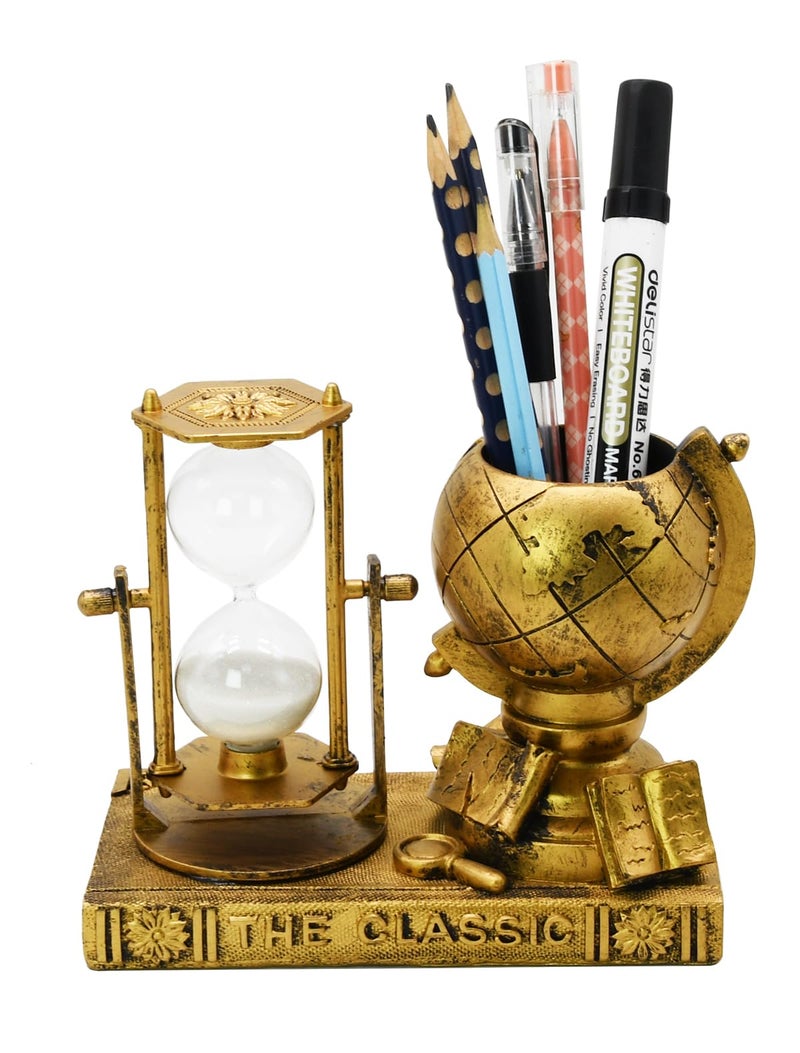 Owlgift Globe-Themed Pencil Holder with Hourglass, Resin Desktop Organizer for Office & Study, Pen Holder with Sand Timer, Classic Globe Addition Scissors Storage, Artistic Gift for Travel Lovers - Image 1