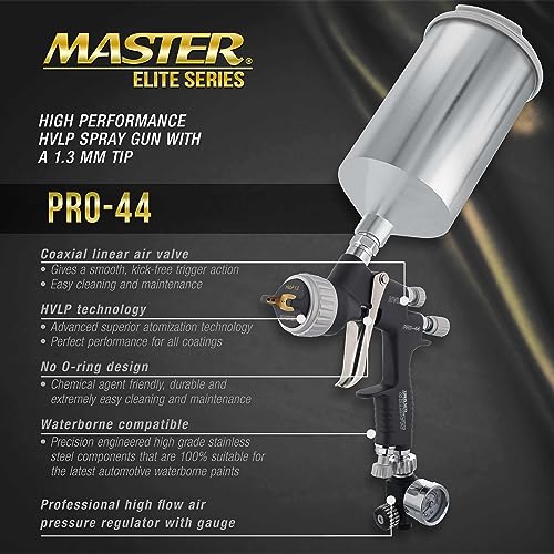 Master Airbrush Master Elite High Performance PRO-44 Series HVLP Spray Gun with 1.3mm Tip with Air Pressure Regulator Gauge - Ideal for Automotive Basecoats, Clearcoats - Advanced Atomization Technology - Image 2