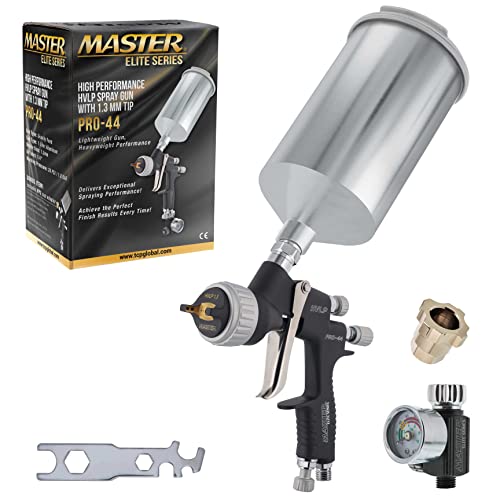 Master Airbrush Master Elite High Performance PRO-44 Series HVLP Spray Gun with 1.3mm Tip with Air Pressure Regulator Gauge - Ideal for Automotive Basecoats, Clearcoats - Advanced Atomization Technology - Image 1