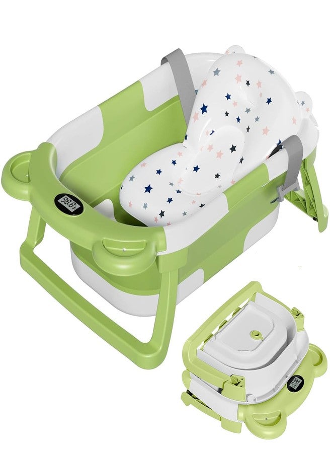 TPN Collapsible Baby Bathtub for Infants to Toddler with Real-time Temp Monitor+Floating Cushion Bear Green - Image 1
