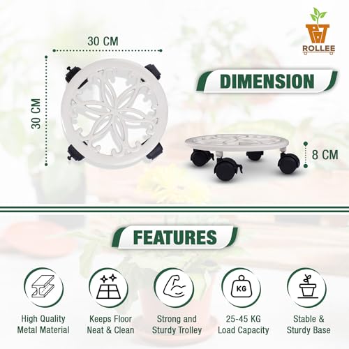 Sharpex Pack of 2 Metal Caddy Iron Dolly on Round Rack Rustproof Sturdy Potted Indoor Outdoor Plant Stand/Trolley With Locking Wheels for Balcony, Living Room, Home and Garden (White) - Image 2