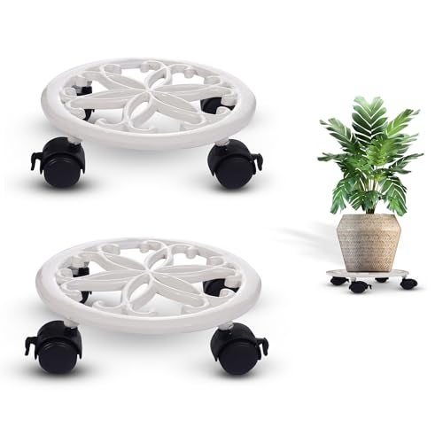 Sharpex Pack of 2 Metal Caddy Iron Dolly on Round Rack Rustproof Sturdy Potted Indoor Outdoor Plant Stand/Trolley With Locking Wheels for Balcony, Living Room, Home and Garden (White) - Image 1