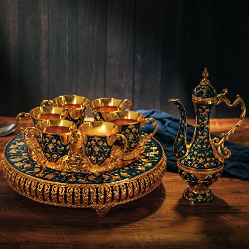 Gute Vintage Extra Large Turkish Coffee & Tea Pot Set for 6 by Gute with Large Crystal Tray & Teapot Gold with Shiny Crystal (Blue) 480ml - 6 Vintage Moroccan Tea Glasses 230ml Teacups Gold - Image 3