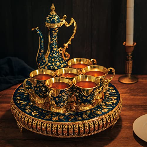 Gute Vintage Extra Large Turkish Coffee & Tea Pot Set for 6 by Gute with Large Crystal Tray & Teapot Gold with Shiny Crystal (Blue) 480ml - 6 Vintage Moroccan Tea Glasses 230ml Teacups Gold - Image 4