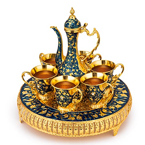 Gute Vintage Extra Large Turkish Coffee & Tea Pot Set for 6 by Gute with Large Crystal Tray & Teapot Gold with Shiny Crystal (Blue) 480ml - 6 Vintage Moroccan Tea Glasses 230ml Teacups Gold - Image 1