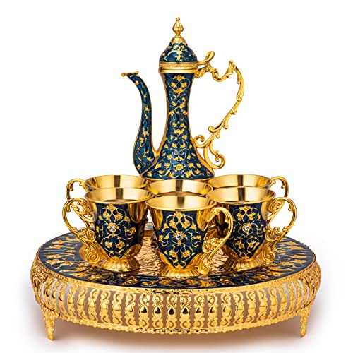 Gute Vintage Extra Large Turkish Coffee & Tea Pot Set for 6 by Gute with Large Crystal Tray & Teapot Gold with Shiny Crystal (Blue) 480ml - 6 Vintage Moroccan Tea Glasses 230ml Teacups Gold - Image 2