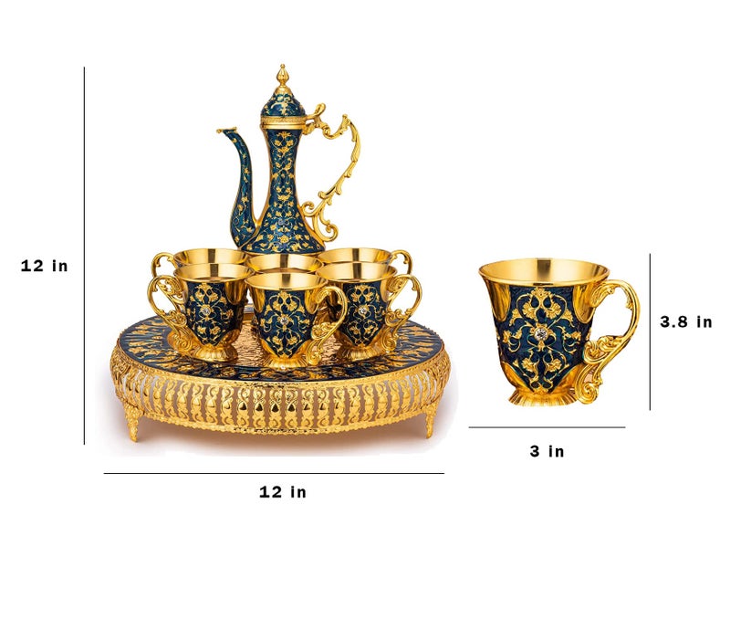 Gute Vintage Extra Large Turkish Coffee & Tea Pot Set for 6 by Gute with Large Crystal Tray & Teapot Gold with Shiny Crystal (Blue) 480ml - 6 Vintage Moroccan Tea Glasses 230ml Teacups Gold - Image 5