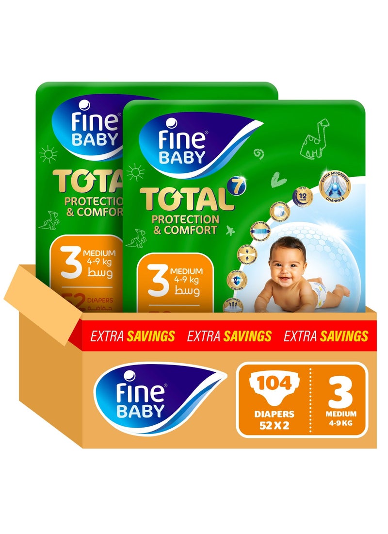 Fine Baby Total 7 Diapers, Size 3 Medium (4-9 kg), 104 Count – Soft, Absorbent & Leak Proof Baby Diapers - Image 2