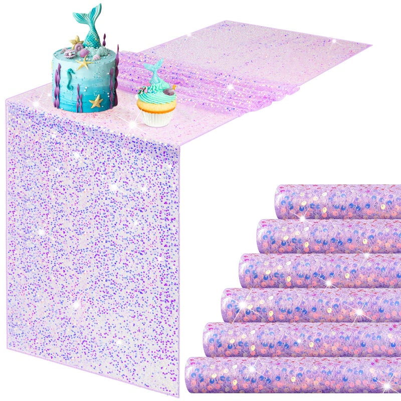 Remagr 6 Pcs Iridescent Sequin Table Runner 12 x 72 Inch Mermaid Table Runner Glitter Sequin Table Runner for Wedding Birthday Party Baby Shower Ceremony Supplies Decor(Purple) - Image 1