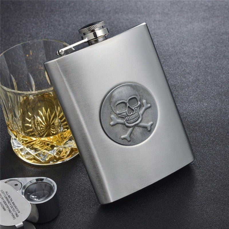 Hip Flask 8oz, Stainless Steel Hip Flask Leak Proof Liquor Pocket Flasks or Alcoholic Beverage Holder, Liquor Flasks for Men, Whiskey Holder Bottle (236ml, Silver) (Skull)