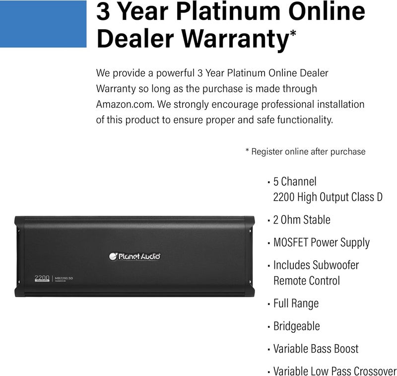 Planet Audio MB2200.5D 2200 Watts Max 2 Ohm Stable 5 Channel Digital Car Amplifier - Image 2