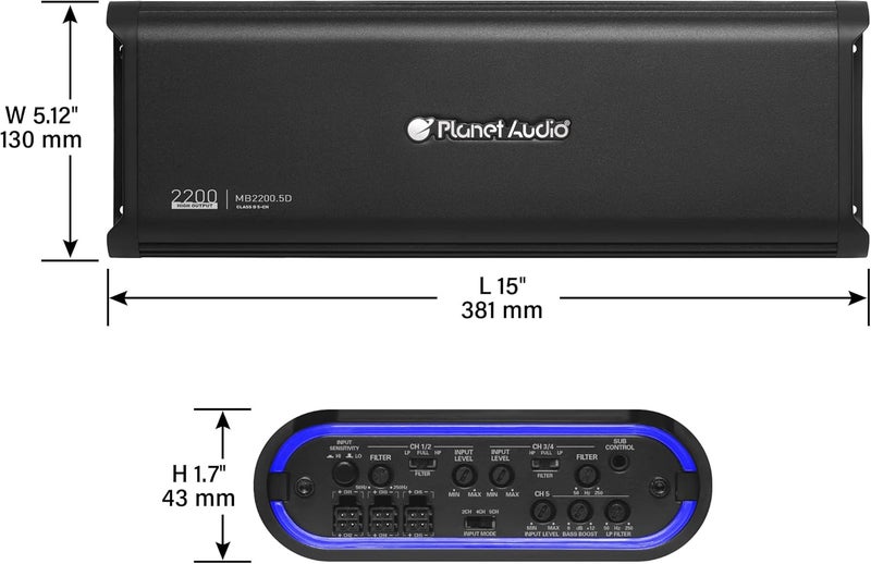Planet Audio MB2200.5D 2200 Watts Max 2 Ohm Stable 5 Channel Digital Car Amplifier - Image 5
