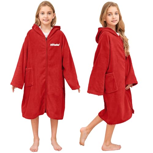 Hiturbo Kids Bath Towel Hoodie: Soft Plush Zipper Surf Poncho - Warm Fleece Changing Towels Swimming Outerwear (Red) - Image 1