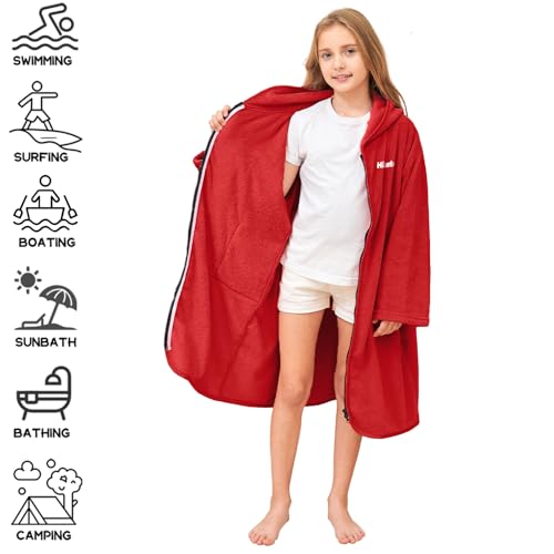 Hiturbo Kids Bath Towel Hoodie: Soft Plush Zipper Surf Poncho - Warm Fleece Changing Towels Swimming Outerwear (Red) - Image 4