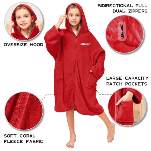 Hiturbo Kids Bath Towel Hoodie: Soft Plush Zipper Surf Poncho - Warm Fleece Changing Towels Swimming Outerwear (Red) - Image 3