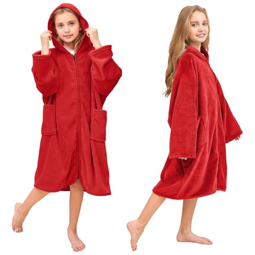 Hiturbo Kids Bath Towel Hoodie: Soft Plush Zipper Surf Poncho - Warm Fleece Changing Towels Swimming Outerwear (Red) - Image 5
