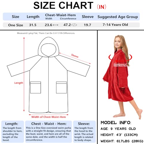 Hiturbo Kids Bath Towel Hoodie: Soft Plush Zipper Surf Poncho - Warm Fleece Changing Towels Swimming Outerwear (Red) - Image 2