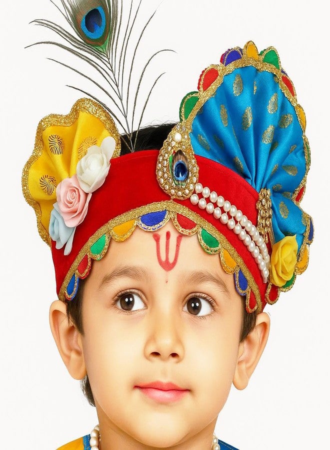 Sarvda Brocade Krishna Dress for Baby Boy Baby Girl | Janmashtami Dress | Kids Kanha Ji Accessories | Mor Pankh Dhoti Bansuri Complete Set - Image 3