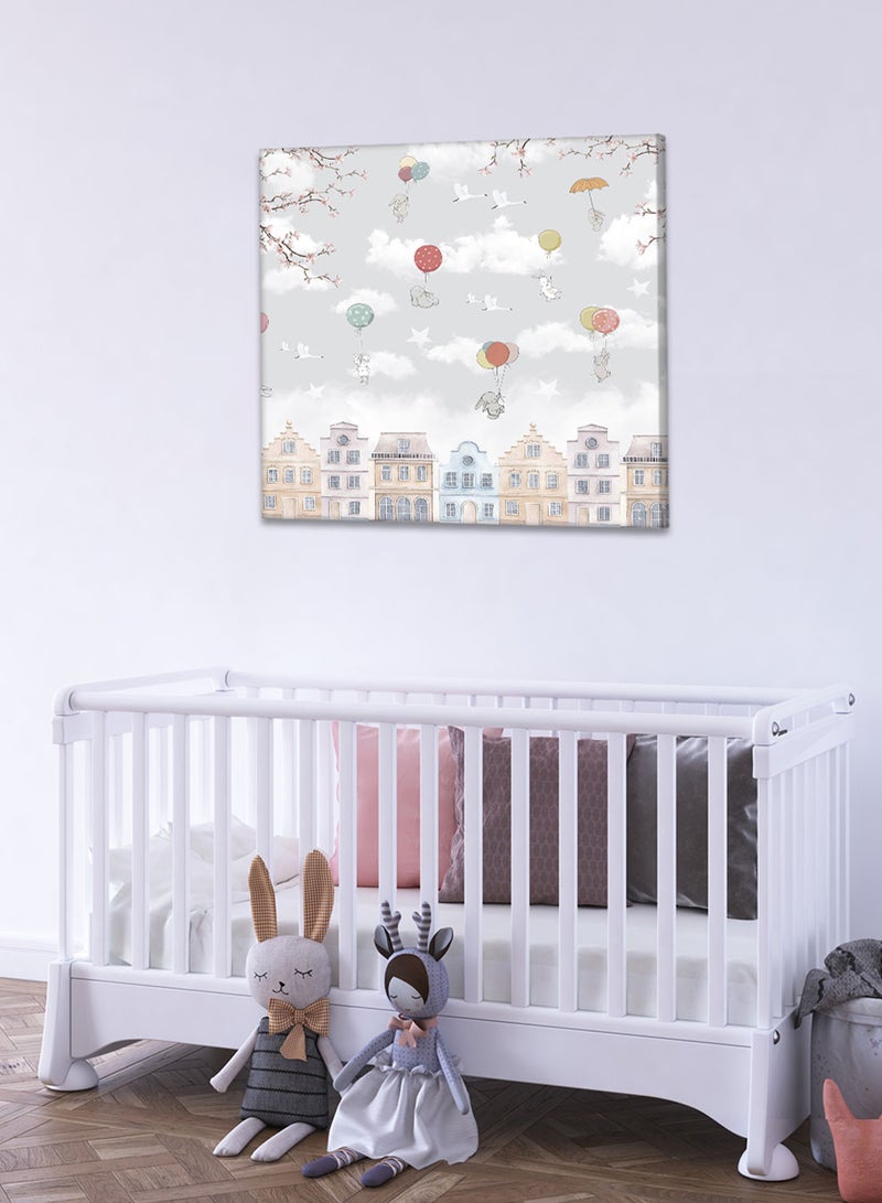 LOWHA Framed Canvas Wall Art Stretched Over Wooden Frame, Bunnies With Balloons  Painting, For Home, Living Room, Office Decor - Image 1