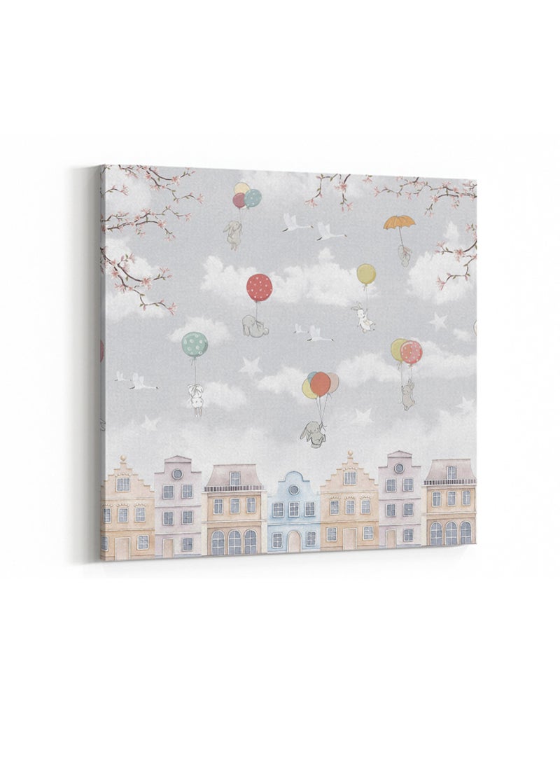 LOWHA Framed Canvas Wall Art Stretched Over Wooden Frame, Bunnies With Balloons  Painting, For Home, Living Room, Office Decor - Image 4