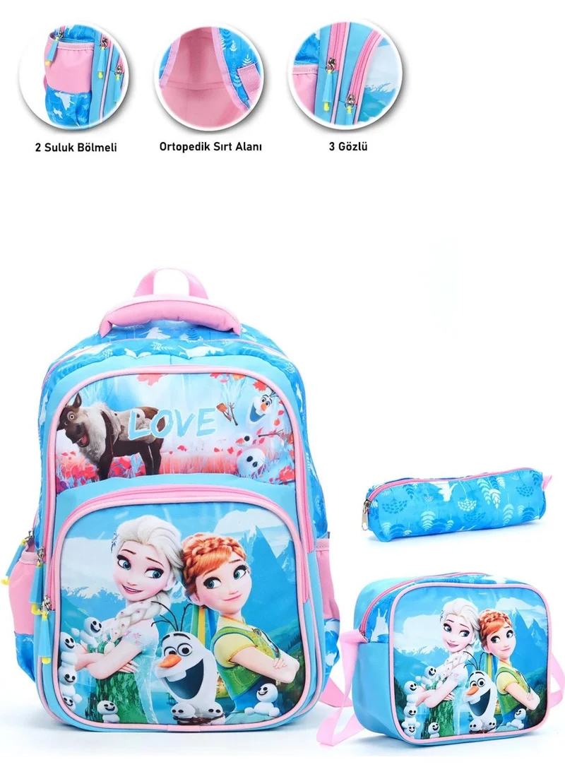 Masho Trend Blue Love Elsa Anna School Bag + Lunch Box + Pencil Case + Frozen Backpack Sling Bag