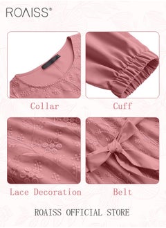 roaiss Women's Round Neck Gown Lace Decoration Long Sleeve Waisted Loose Long Dress  - Image 3