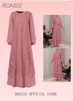 roaiss Women's Round Neck Gown Lace Decoration Long Sleeve Waisted Loose Long Dress  - Image 2