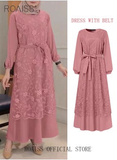 roaiss Women's Round Neck Gown Lace Decoration Long Sleeve Waisted Loose Long Dress  - Image 1