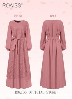 roaiss Women's Round Neck Gown Lace Decoration Long Sleeve Waisted Loose Long Dress  - Image 4