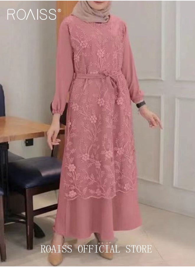 رويس - فستان نسائي بياقة مستديرة من الدانتيل بأكمام طويلة مخصر فضفاض طويل - Image 1