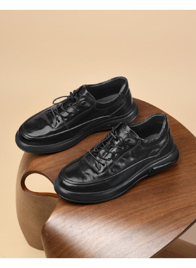 Septwolves Top Grain Leather】autumn 2025 New Business Casual Shoes For Men, Slip-on Drawstring Flat Sole Hand-carved Pattern Leather Shoes - Image 1