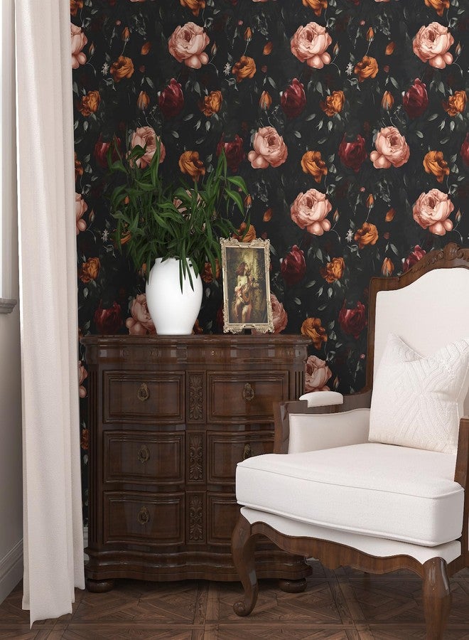 Laatse Dark Floral Wallpaper Peel and Stick, Black Vintage Orange/Pink Rose Contact Paper 17.5 x 393.7in, Waterproof Self Adhesive Flower Retro Boho Wall Paper for Bedroom Walls Cabinet Shelf Table Drawer - Image 3