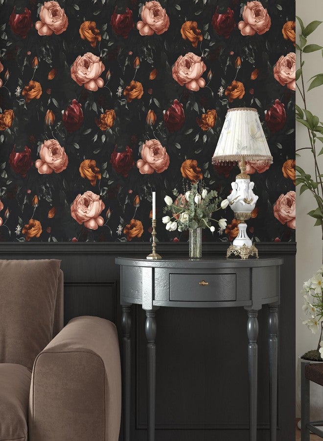 Laatse Dark Floral Wallpaper Peel and Stick, Black Vintage Orange/Pink Rose Contact Paper 17.5 x 393.7in, Waterproof Self Adhesive Flower Retro Boho Wall Paper for Bedroom Walls Cabinet Shelf Table Drawer - Image 5