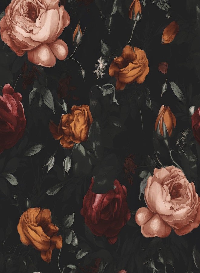 Laatse Dark Floral Wallpaper Peel and Stick, Black Vintage Orange/Pink Rose Contact Paper 17.5 x 393.7in, Waterproof Self Adhesive Flower Retro Boho Wall Paper for Bedroom Walls Cabinet Shelf Table Drawer - Image 1