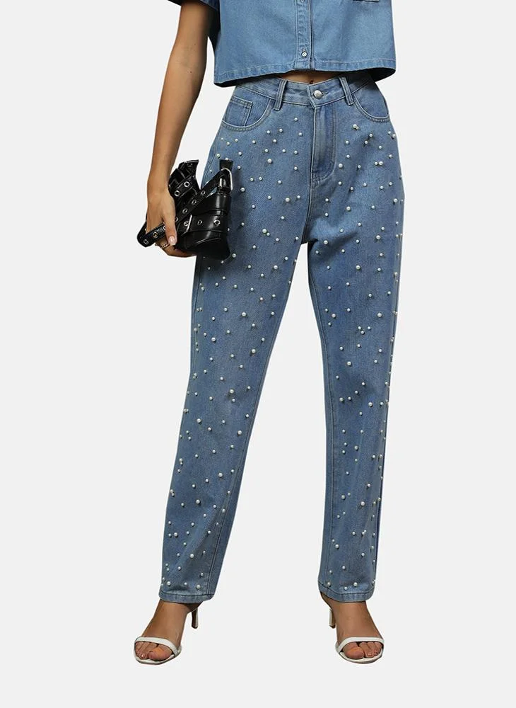 YUNIQEE Blue Classic Fit Mid Rise Embellished Jeans