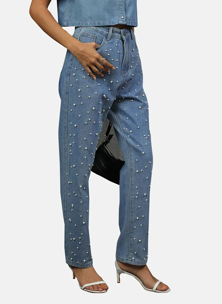 يونيكي Blue Classic Fit Mid Rise Embellished Jeans
