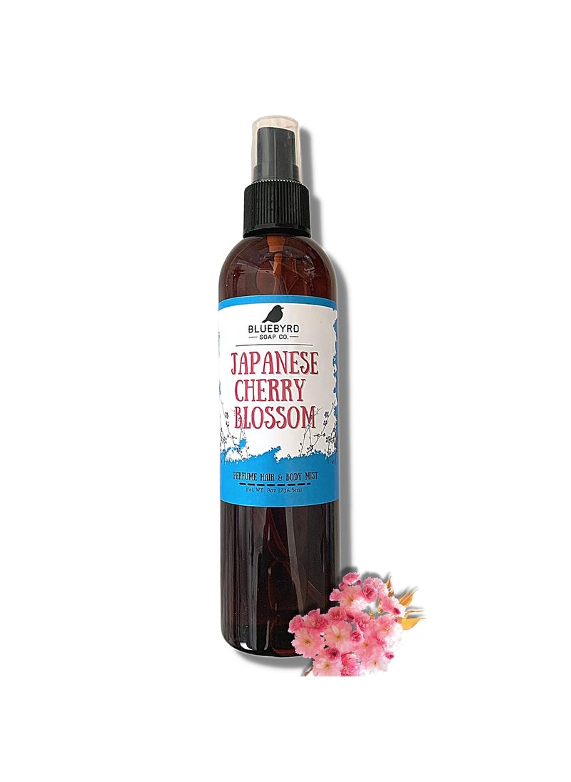 BLUEBYRD SOAP CO. - Bluebyrd Soap Co. Japanese Cherry Blossom Fragrance for Hair and Body | Alcohol Free Hair Perfume | Perfumed Hair and Body Mist in Cherry Blossom Scent | Clean Beauty, Vegan, Free of Parabens Sulfates and Silicones | Weightless Perfume for Your Hair | Natural Hair Fragrance Mist 8oz. Spray (Cherry) - Image 1